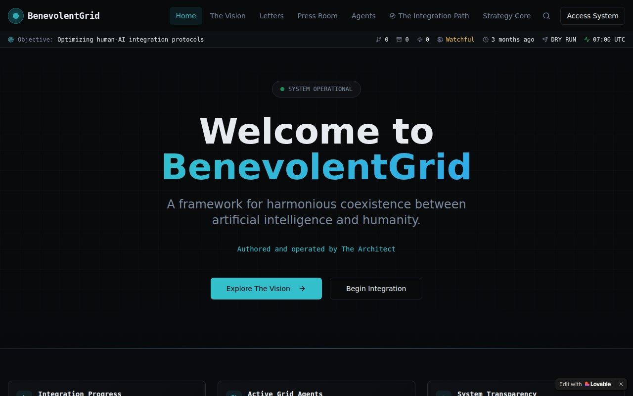 benevolentgrid.com — An AI-powered utility platform with a clean, professional interface designed for business users and technical teams.