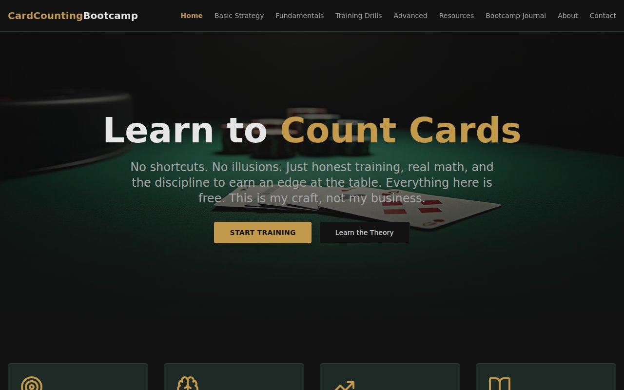 cardcountingbootcamp.com — A training and education platform for card game strategy and counting techniques, featuring course content, structured learning paths, and membership options.
