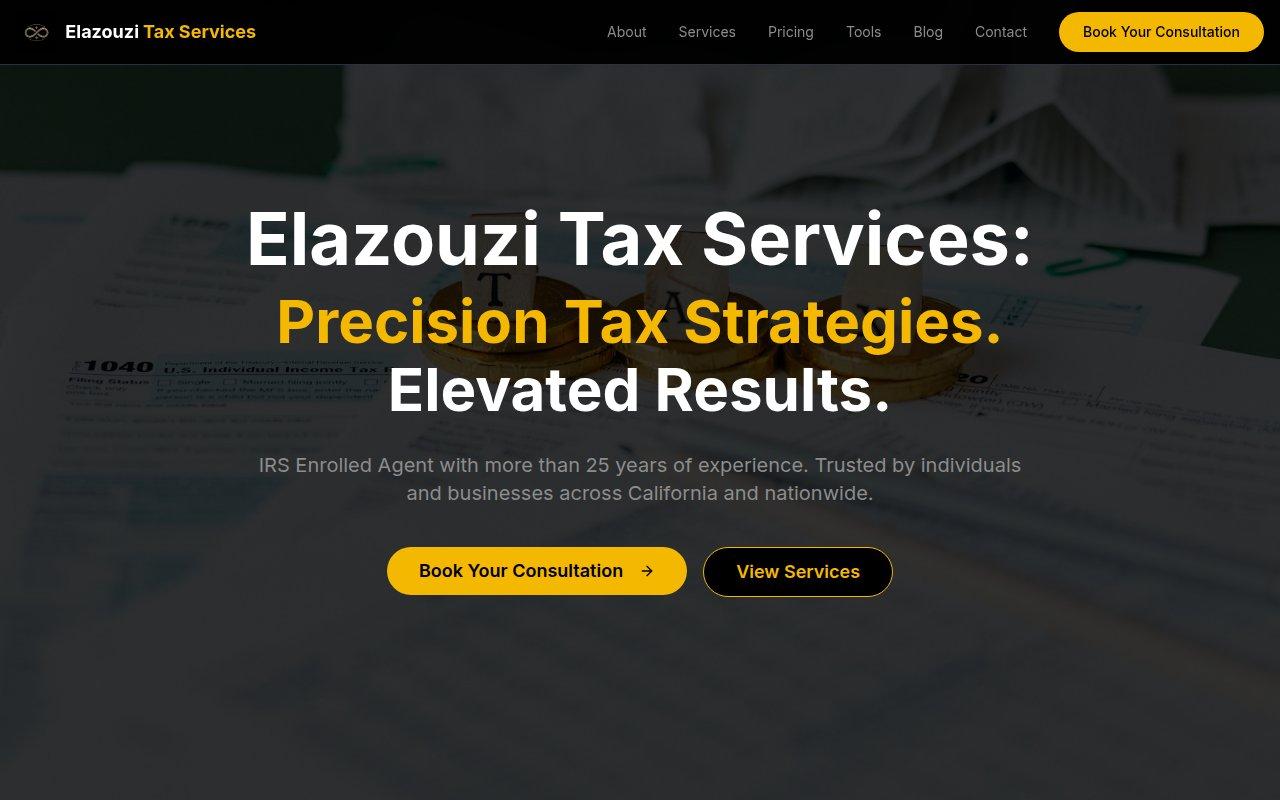 elazouzitaxservices.com — A professional tax services website featuring individual and business tax preparation, appointment scheduling, and secure document handling.