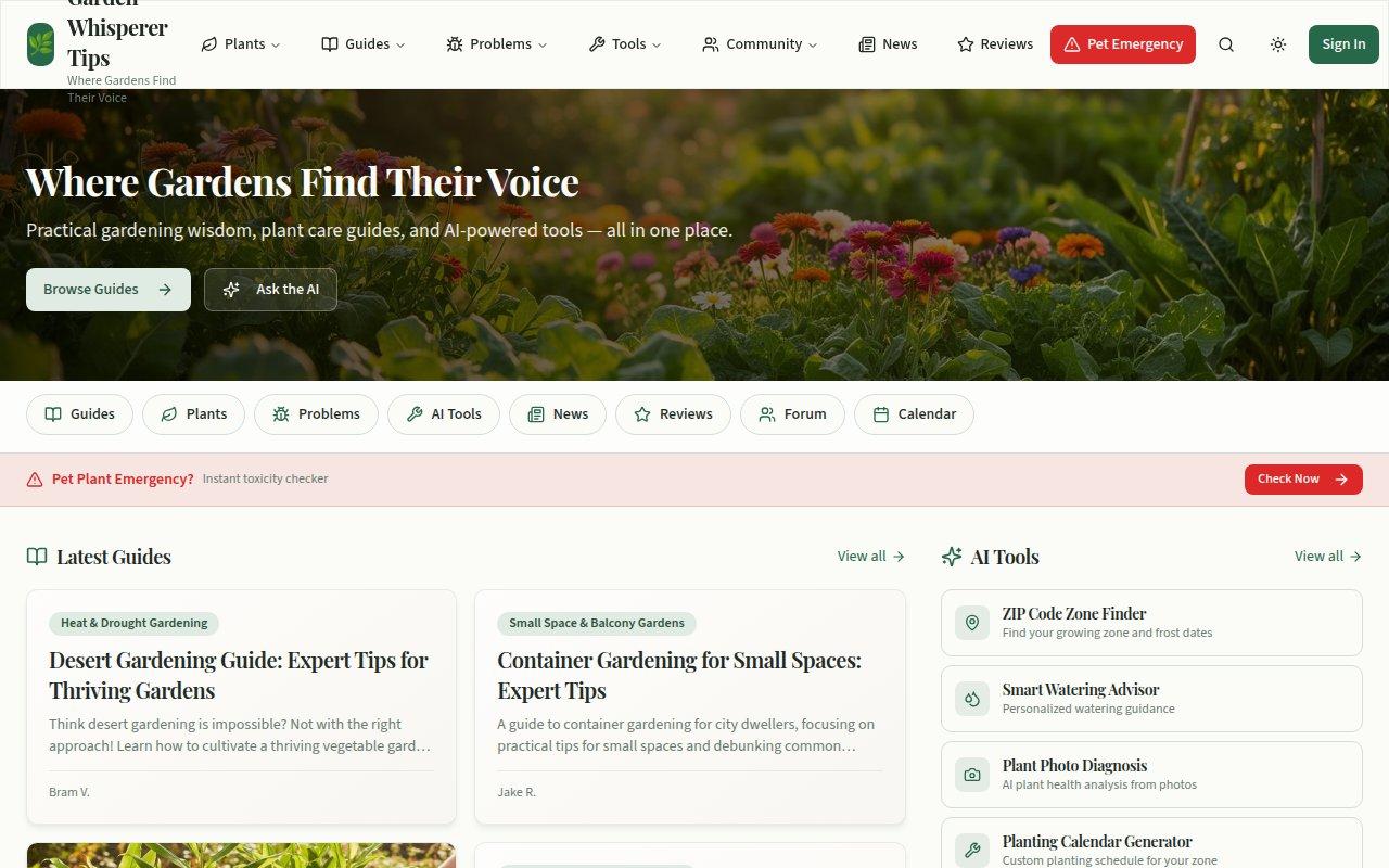 gardenwhisperertips.com — A content-rich gardening website featuring planting tips, seasonal guides, and garden care advice for home gardeners.