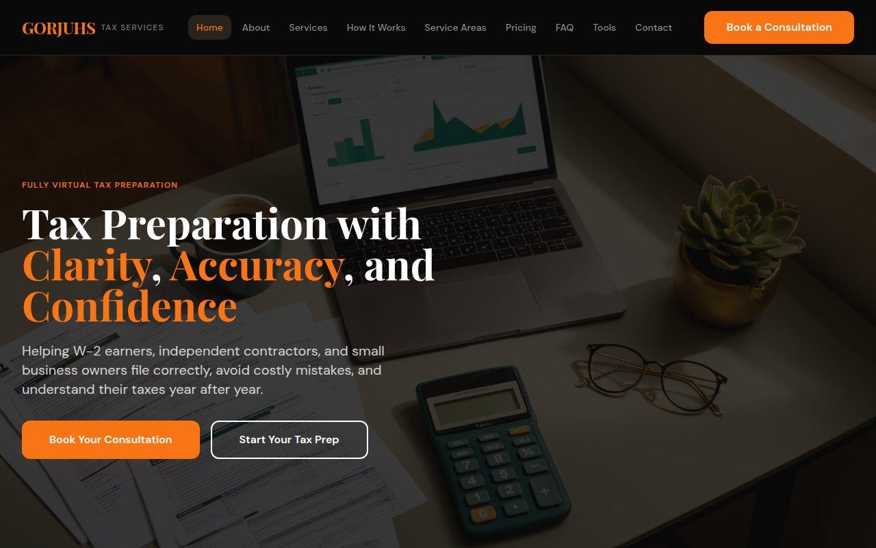 gorjuhstaxservices.com — A tax preparation services website providing individual, business, and seasonal tax support with a professional, trustworthy design.
