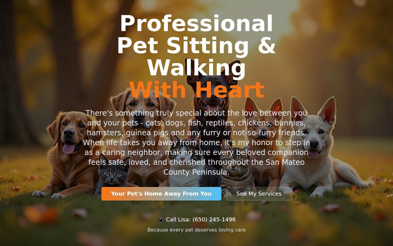 lisaluvspets.com — A warm, trust-building pet sitting website featuring service details, availability booking, service area coverage, client testimonials, and adorable pet photo galleries.