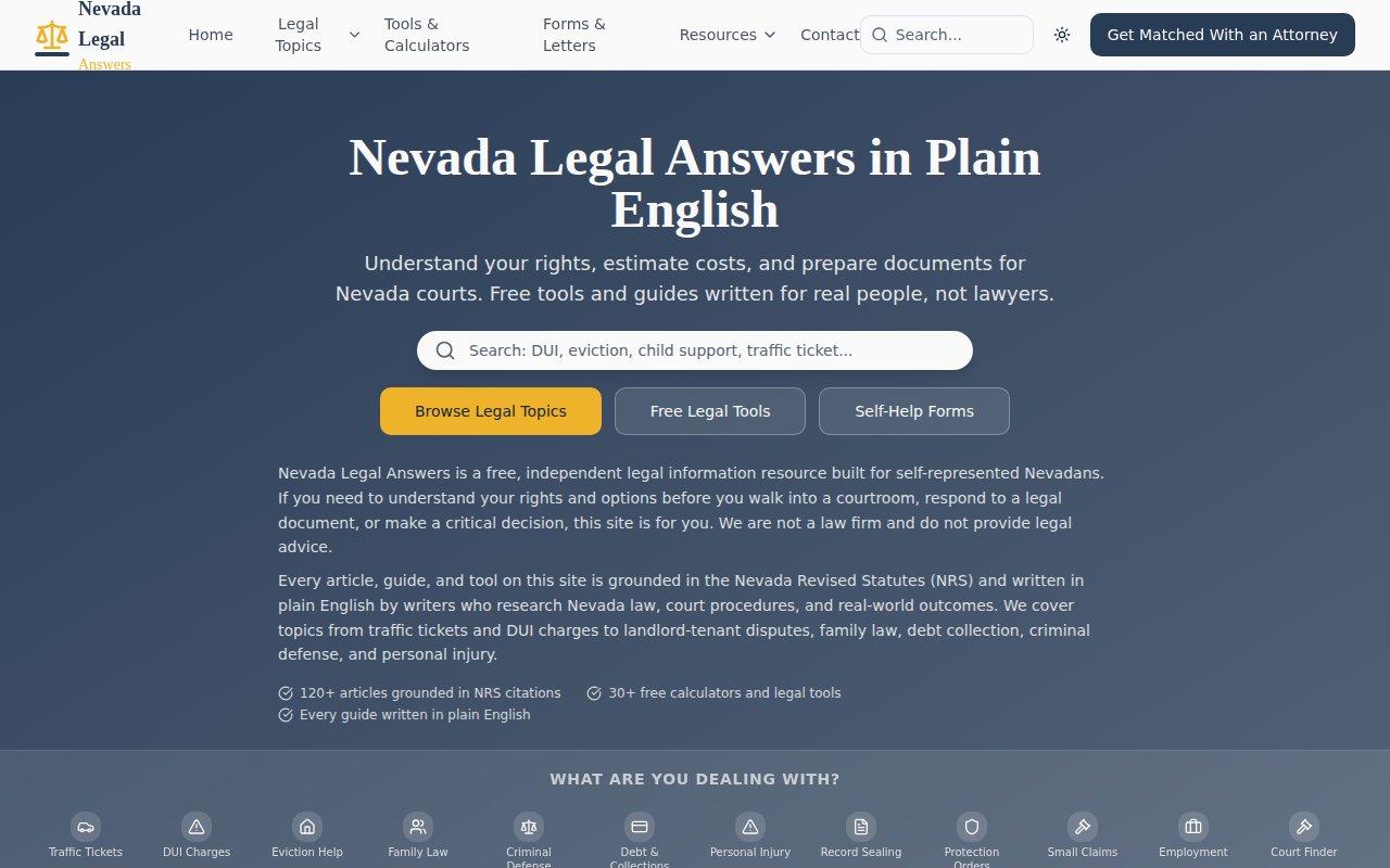 nevadalegalanswers.com — A legal information and intake website for Nevada-based legal services, featuring practice area pages, attorney profiles, and consultation requests.
