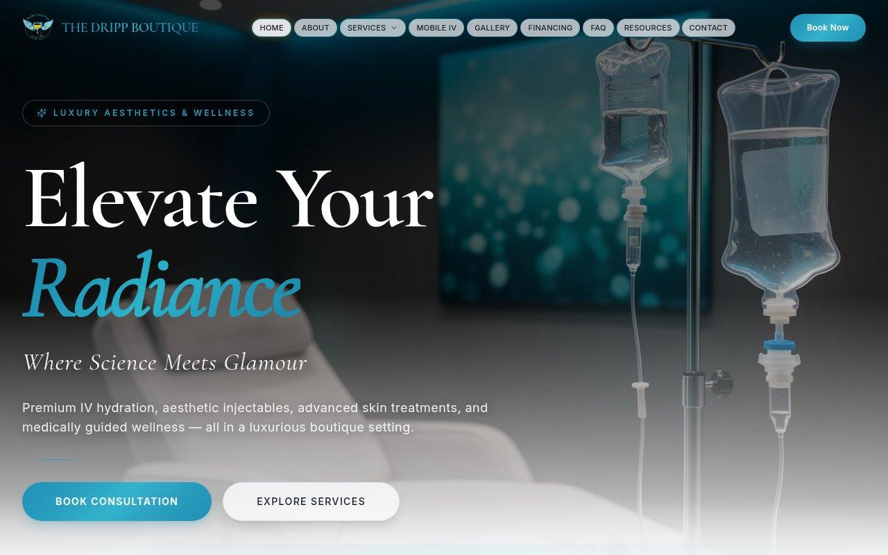 thedrippboutique.com — A modern medical wellness center website featuring IV drip therapy, skin care treatments, and wellness services, with booking, service menus, and a premium brand presence.