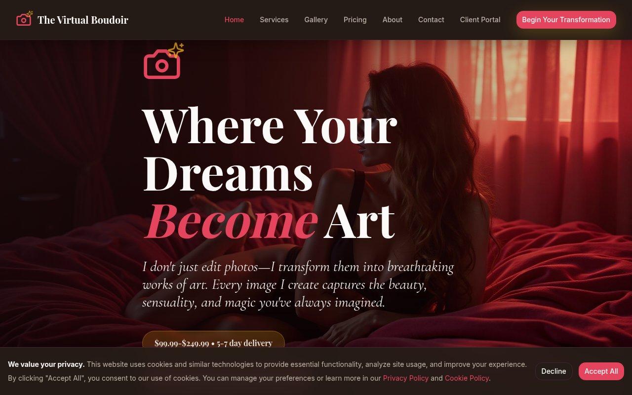thevirtualboudoir.com — An elegant boudoir photography website featuring portfolio galleries, session booking, package details, and a tasteful brand experience for a professional boudoir photographer.
