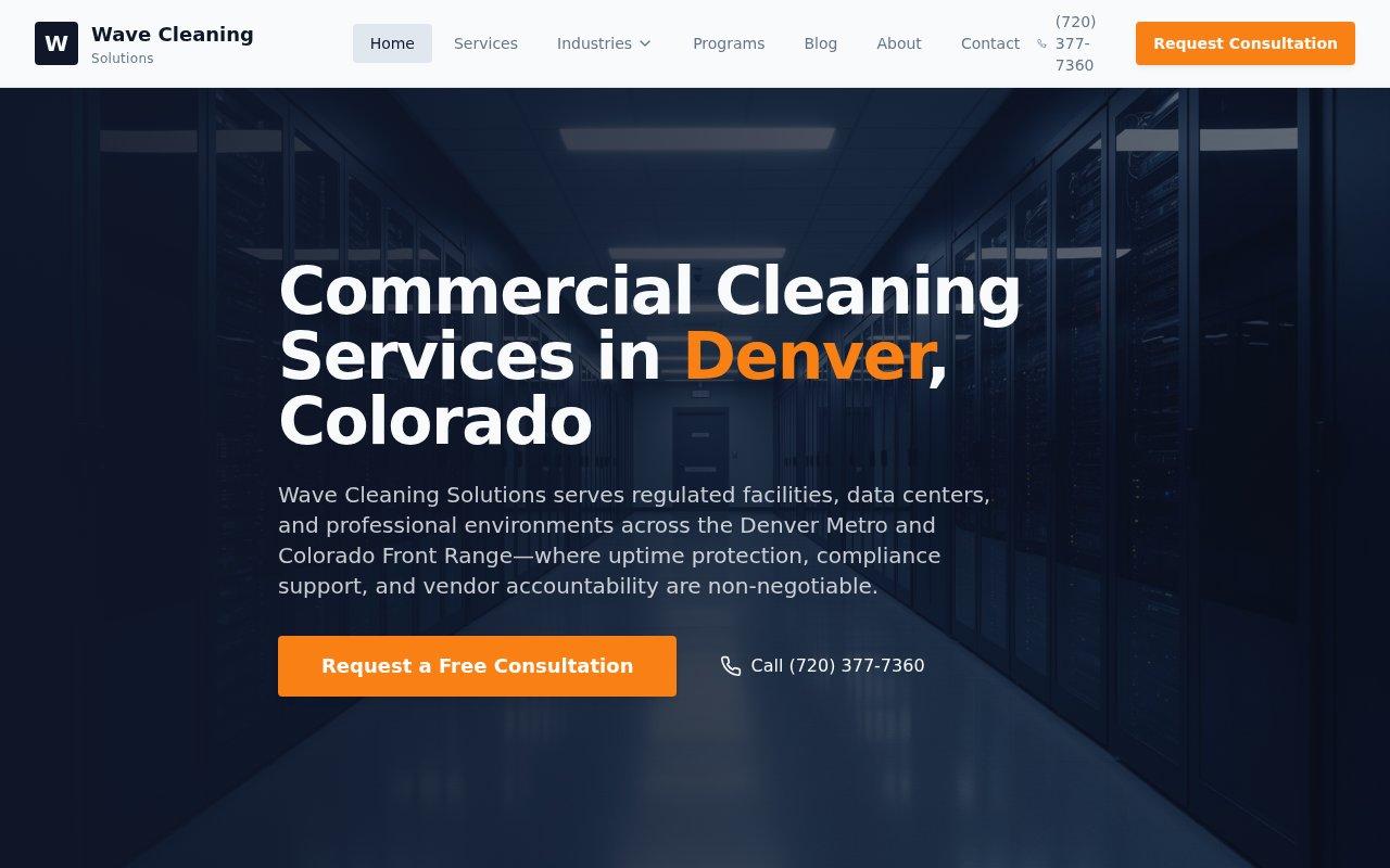 wavecleaningsolutions.com — A professional cleaning company website with service area pages, quote request forms, and residential and commercial cleaning packages.